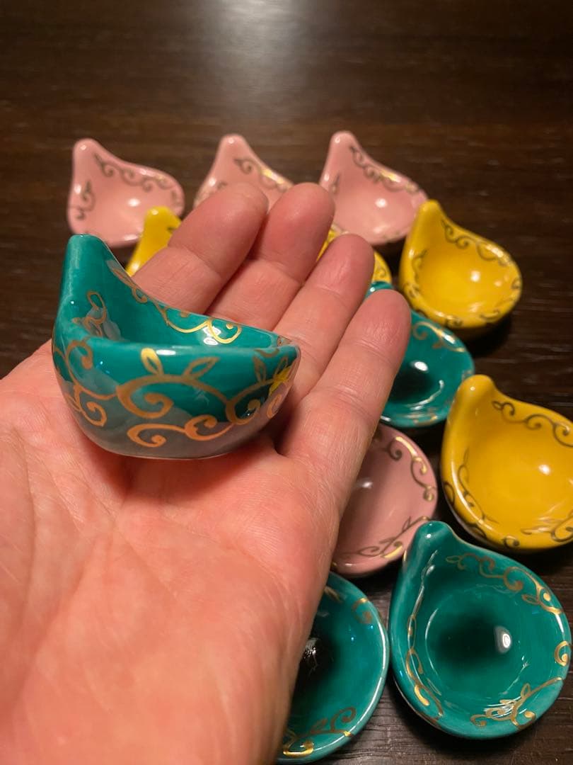 珍味入れ京焼 金唐草柄ちぎりもち緑交趾 黄交趾 ピンク3色 2セット 6個