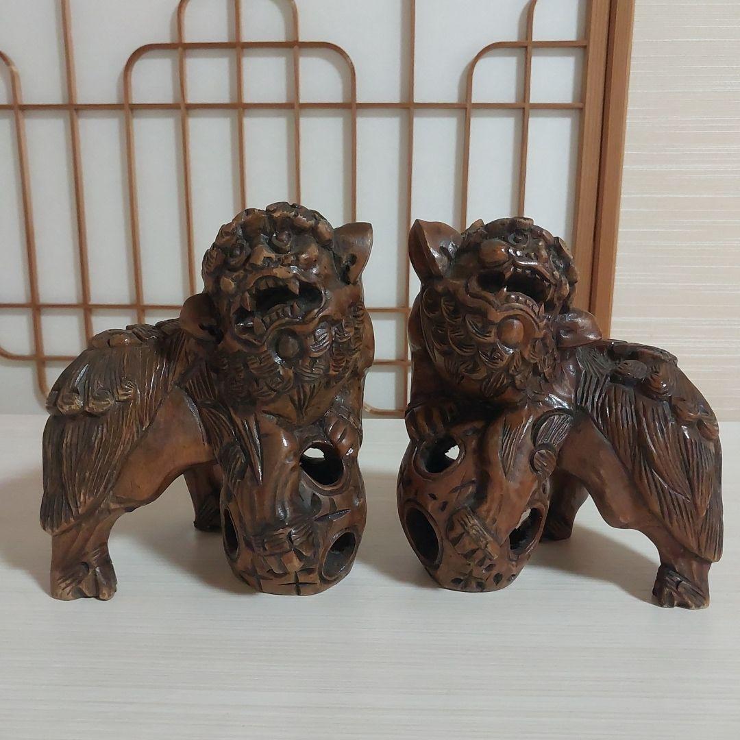 木彫り 獅子像 2体セットシーサー - メルカリ