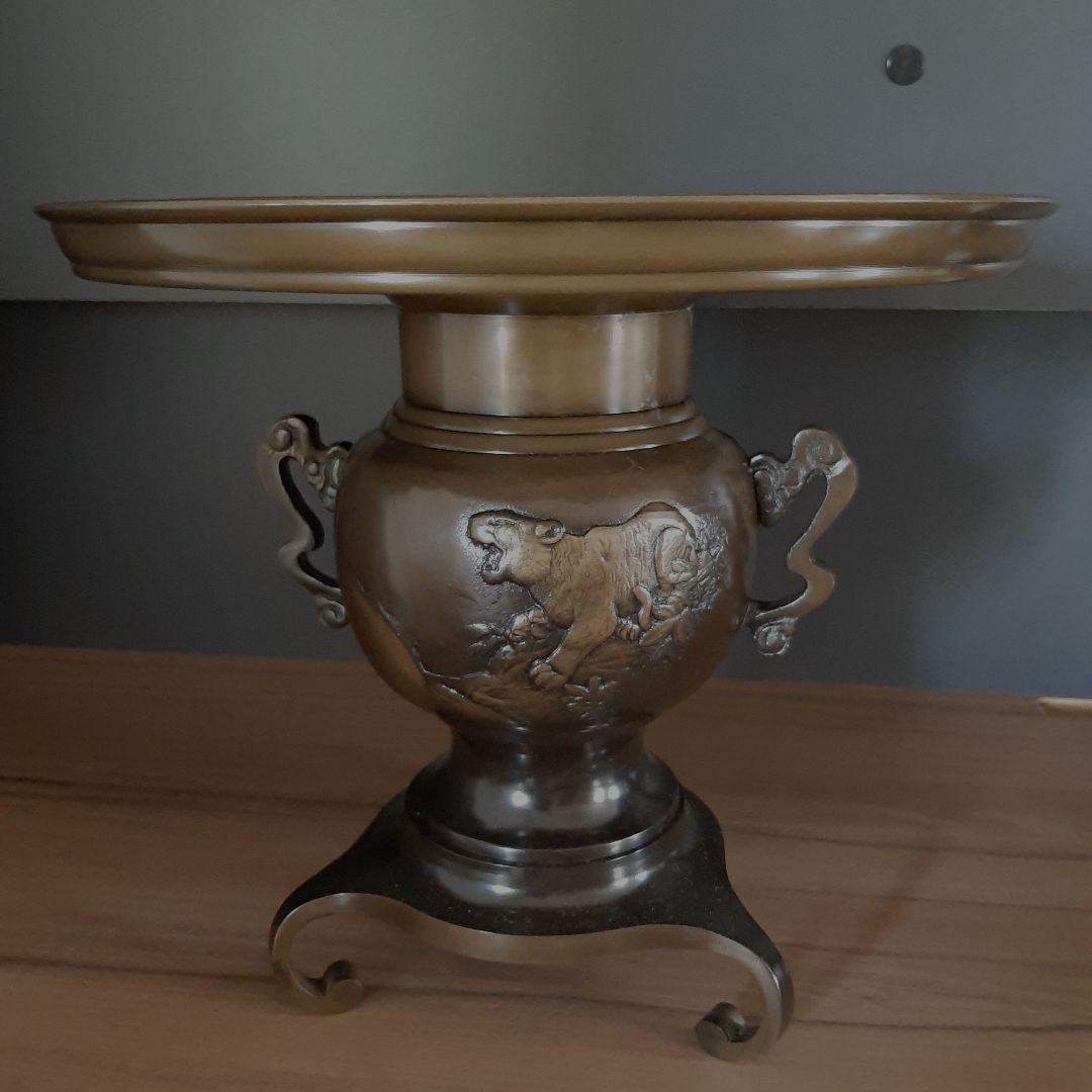 竜 虎柄】唐金製 薄端 うすばた 生け花 花器 池坊 花瓶 銅器 華道具 鋳