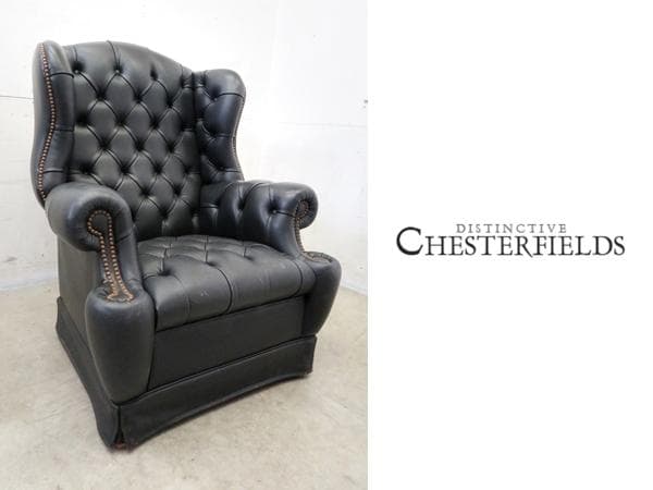 英国伝統□チェスターフィールド□黒総革□ウィングバック□1人掛け