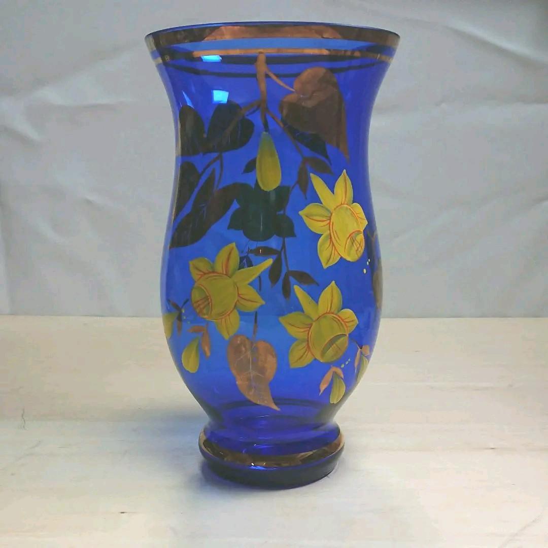 未使用 ボヘミアン グラス 花瓶 金彩 青 - メルカリ