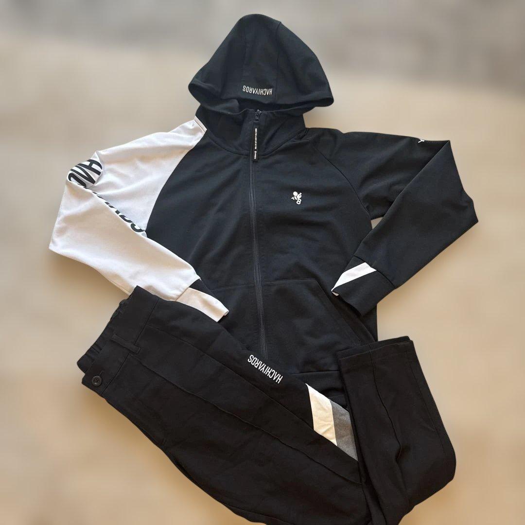 美品　ハチヤーズ　8yards セットアップ　ゴルフ　サイズ上下M 超美品】ハチヤーズ パンツ 黒 太ももロゴワッペン 裏起毛 ストレッチ