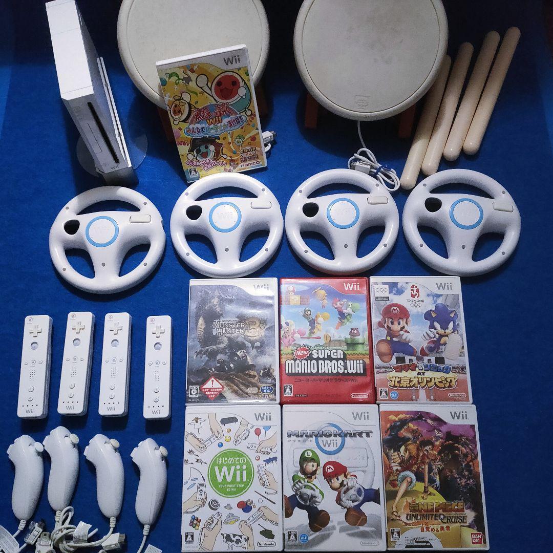 任天堂Wii 本体付 マリオカート ハンドル4 太鼓の達人スーパーセット！ Wii - 任天堂Wii ソフト9本！ハンドル4本 本体付マリオカート太鼓の
