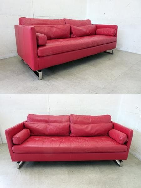 IDC大塚家具□ドミシール□総革□赤□3人掛けソファ□