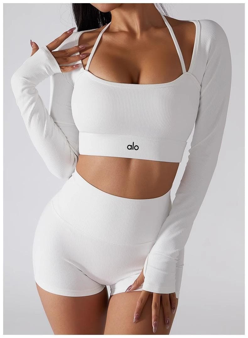 ALOリブ クロップド丈 ヨガトップス／長袖 フィットネス ホワイト S