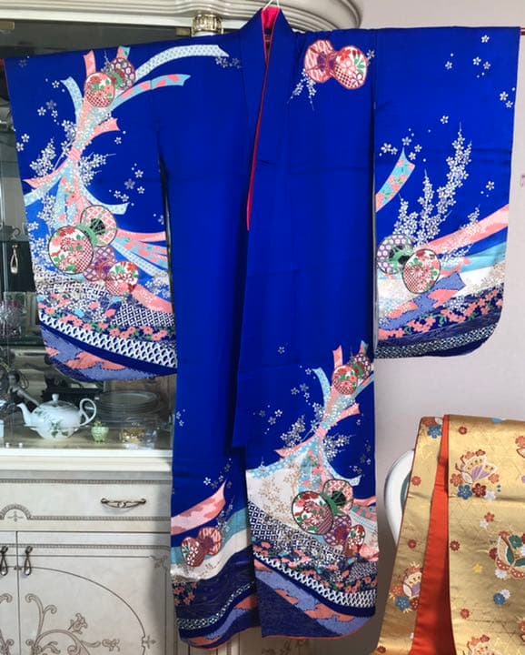 7才着物/美品】七五三着物フルセット ロイヤルブルー ※着画写真右側