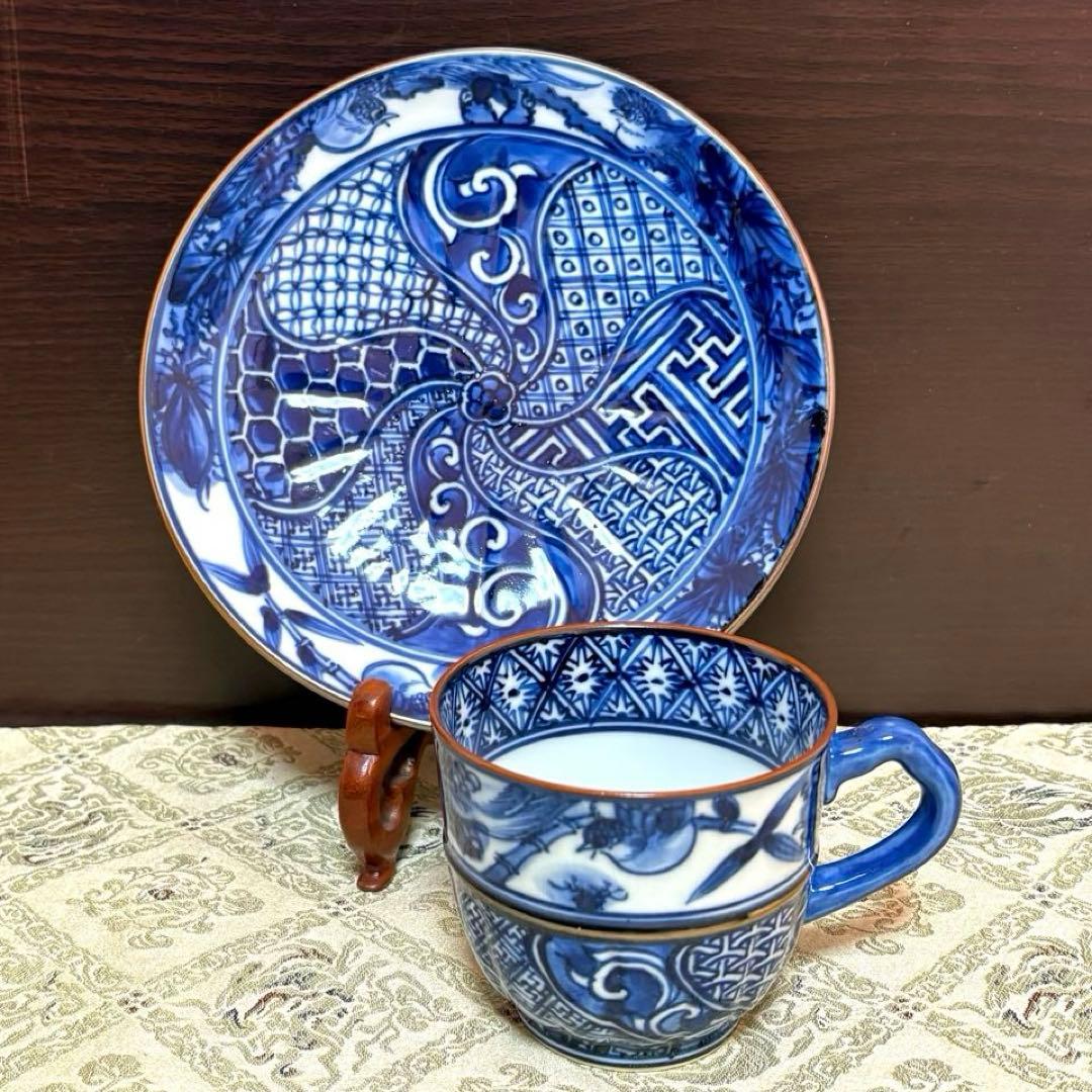 未使用保管品✨京焼 清水焼 加藤利昌作 青華花鳥祥瑞文 珈琲碗皿 1客