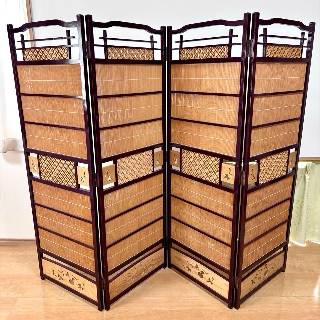 4連 衝立 すだれ屏風 透かし彫り 間仕切り - メルカリ