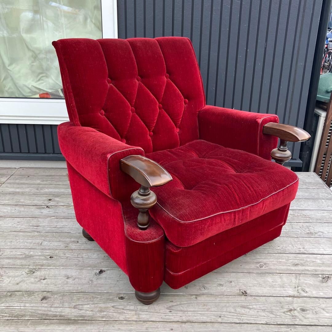 ① 昭和レトロ 古家具 一人掛けベロアソファー アームチェア