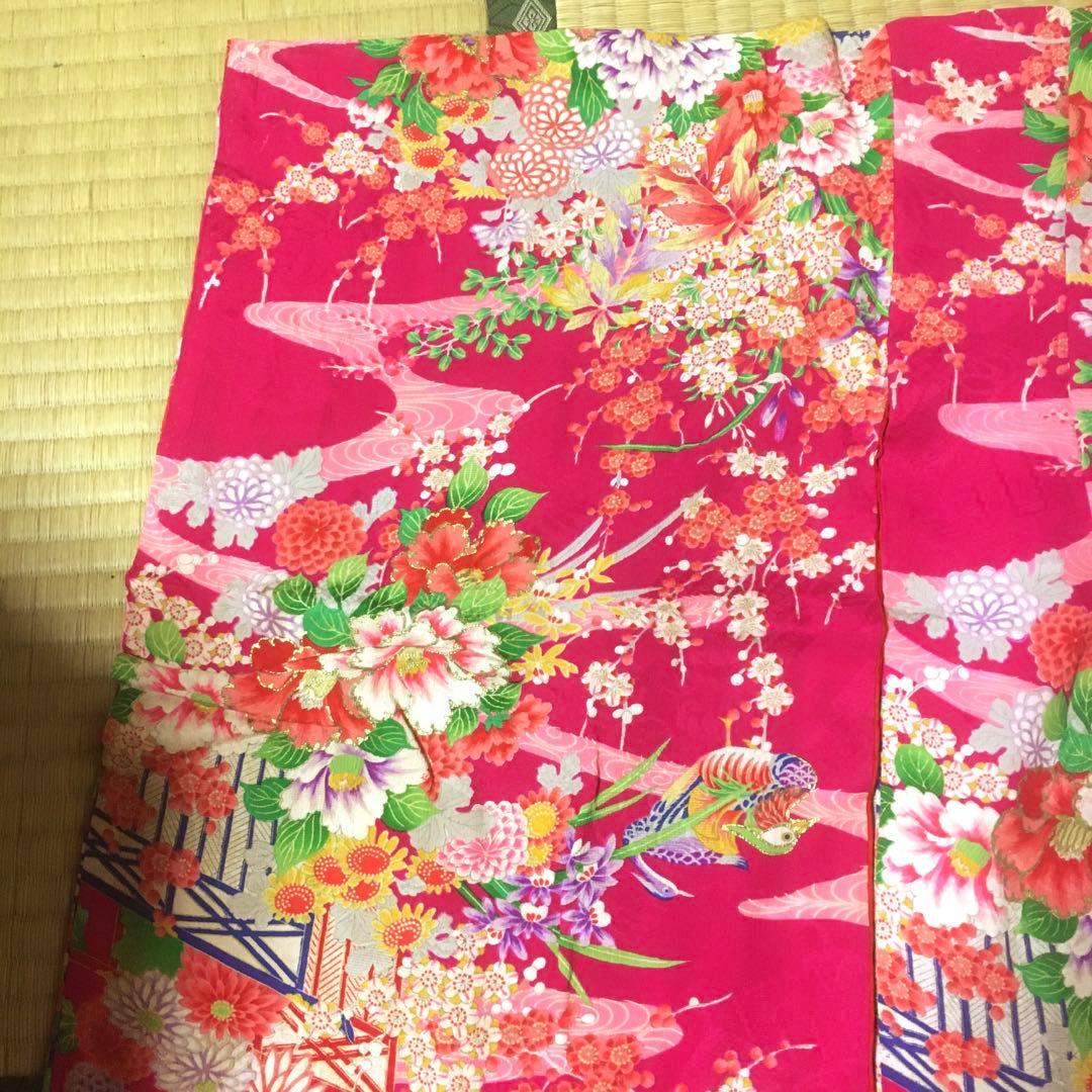 七五三 女の子 アンティーク着物 鳥花柄 当時物 昭和20年代後期