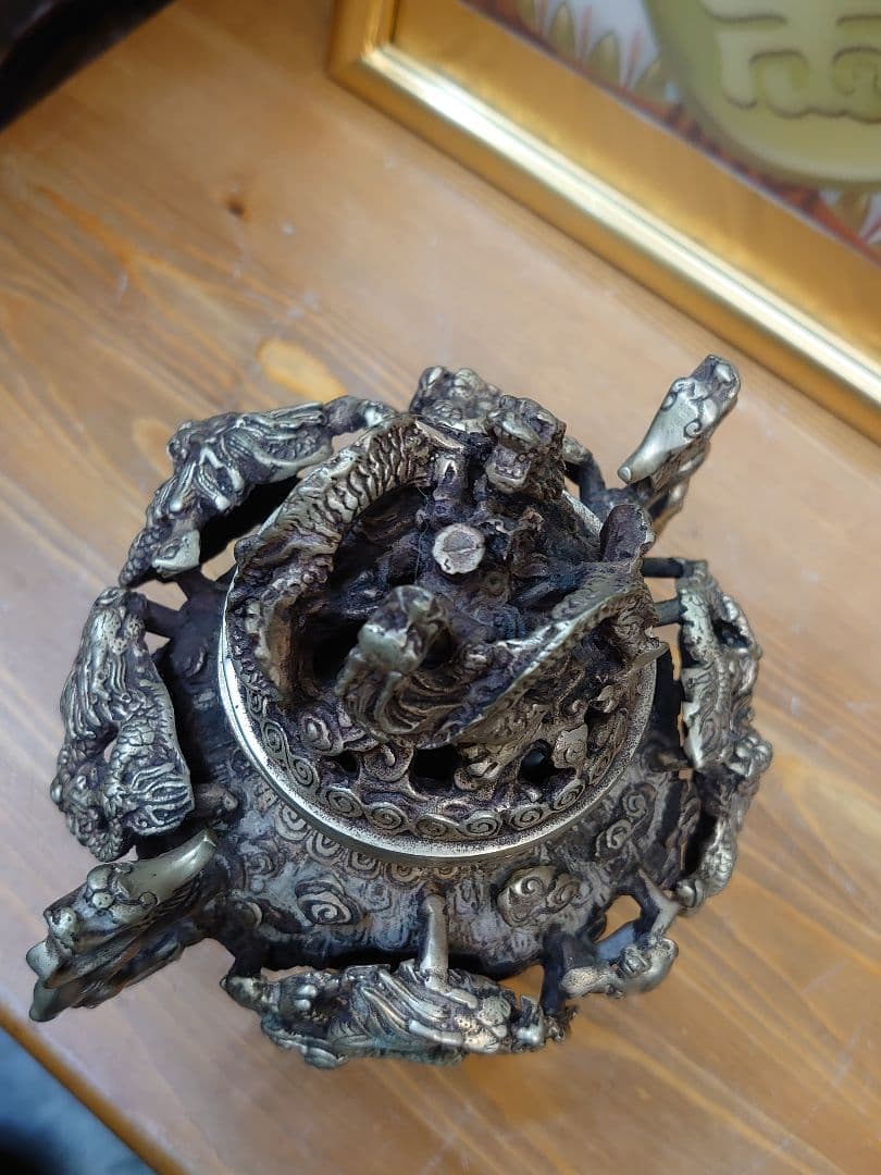 開運 龍 龍神 九頭龍 九龍香炉 白銅製（洋銀） 中国 大明宣徳年製