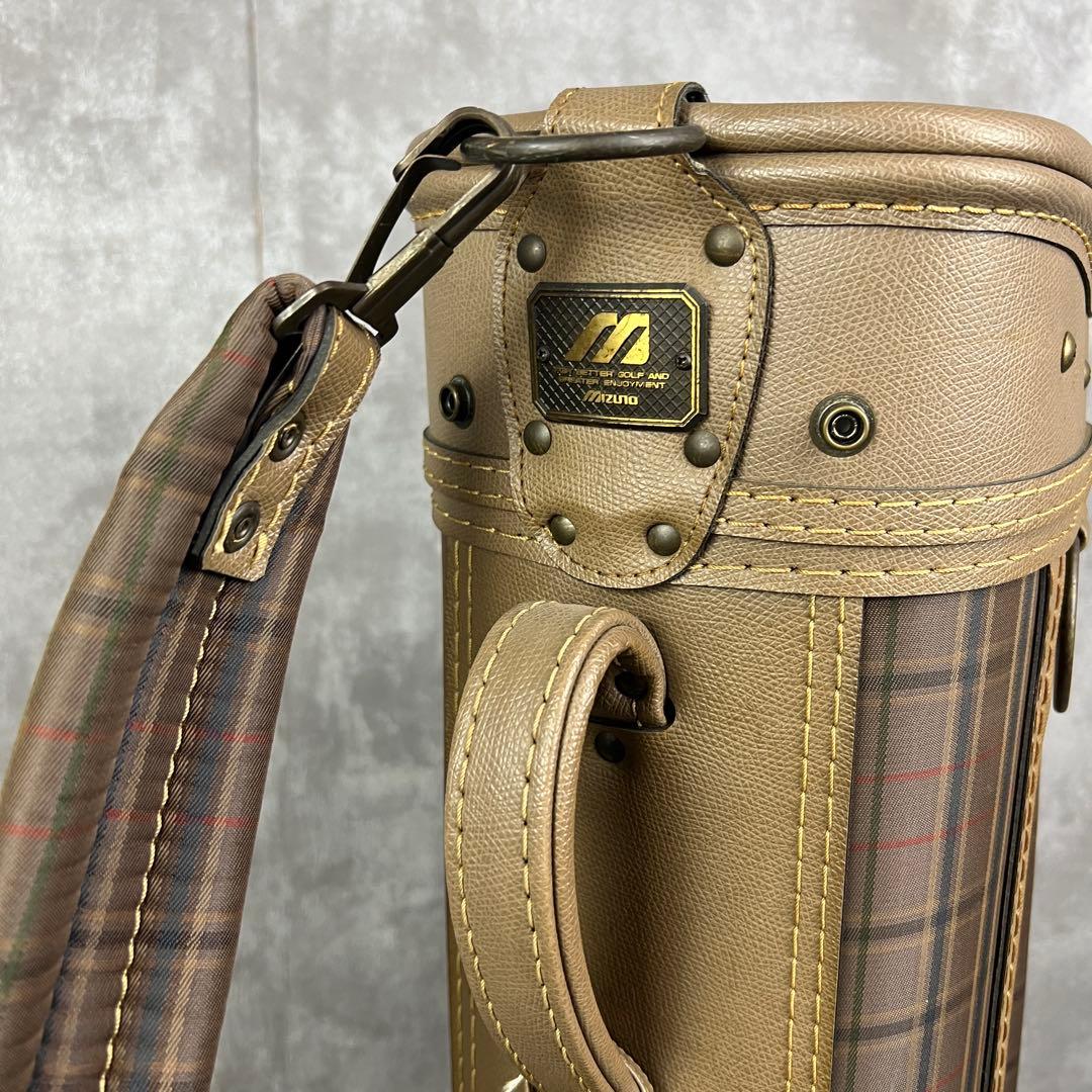 良品 ミズノ キャディバッグ 3分割 カート式 チェック柄 一部レザー