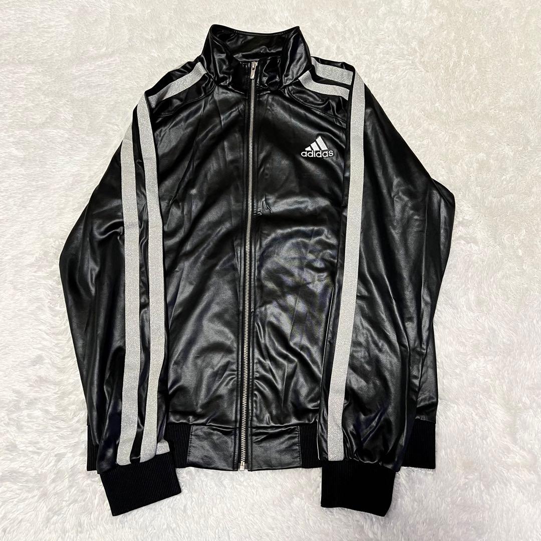 アディダス Oサイズ ジャージ 上下 セットアップ 黒×シルバー ロゴ刺繍