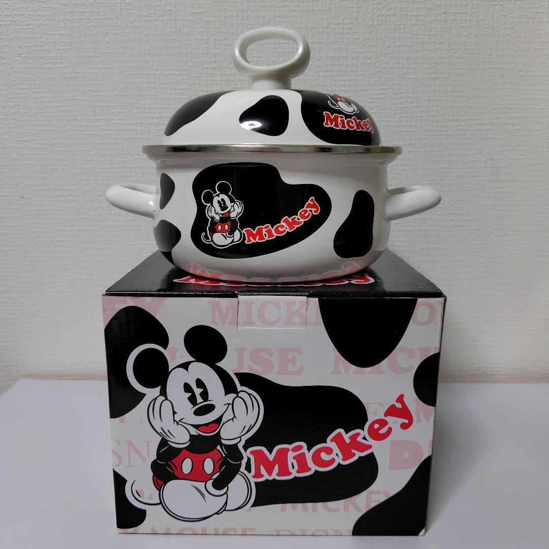 ディズニー ミッキー 両手鍋 ホーロー 牛柄 レア レトロ キッチン 調理