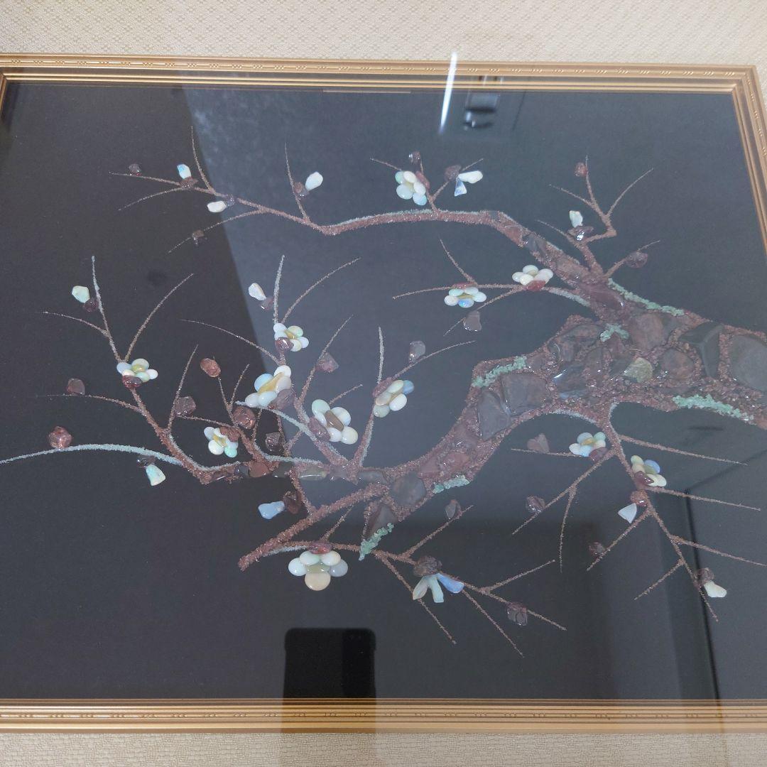 宝石画】 貴石画 壁掛け 梅 縁起物 インテリア 昭和レトロ 額縁付
