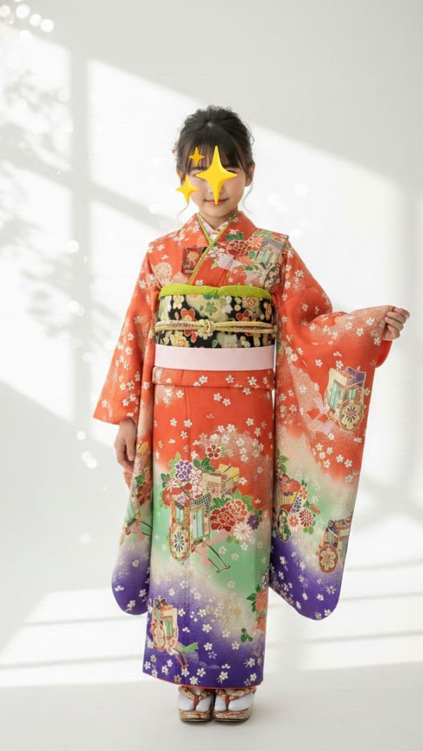 7歳　正絹朱桜御所車　七五三　お着物・作り帯・筥迫セット 7歳 正絹朱桜御所車 七五三 お着物・作り帯・筥迫セット - メルカリ