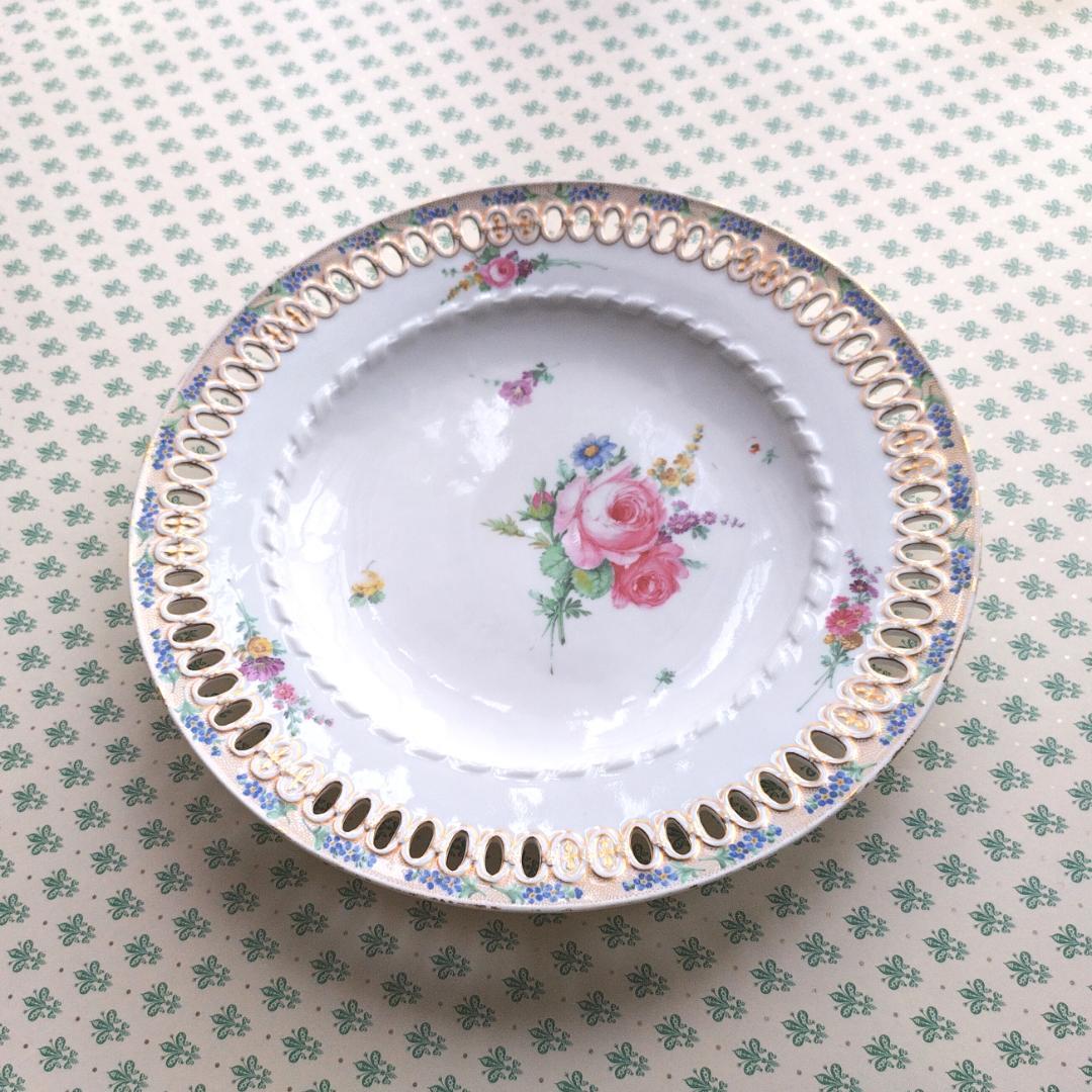 マイセン 1790年頃 金彩透かしと忘れな草のボーダー花絵 デザート