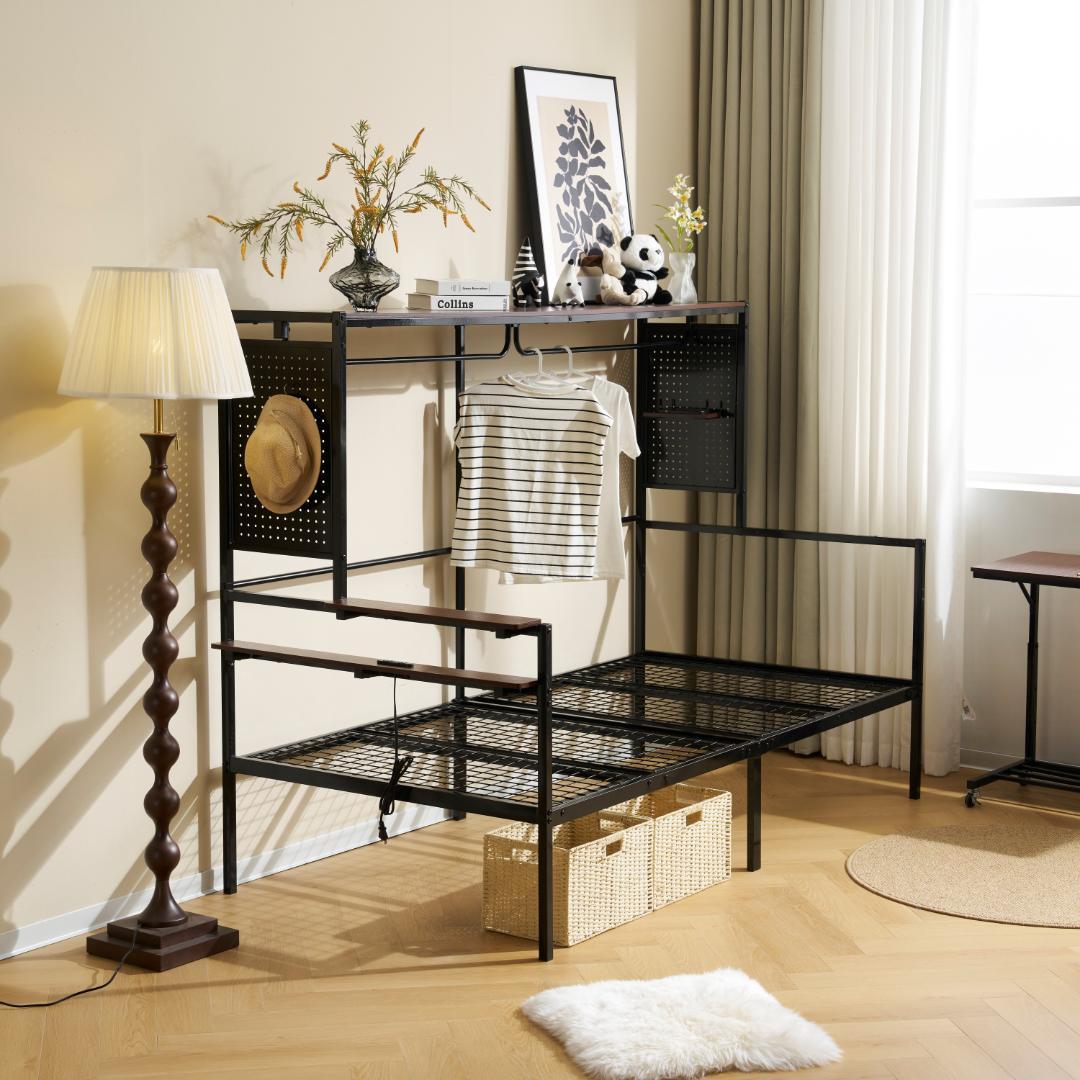 新品】【ブラック】ロフトベッド 北欧風木目 移動デスク付き 耐震 大人用