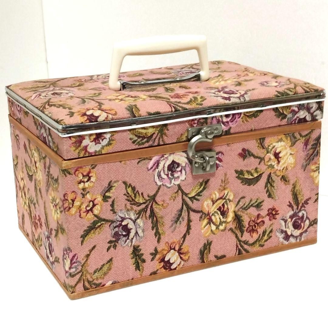 昭和レトロ ビンテージ 花柄 裁縫箱 ピンク 仕切り付き ソーイング