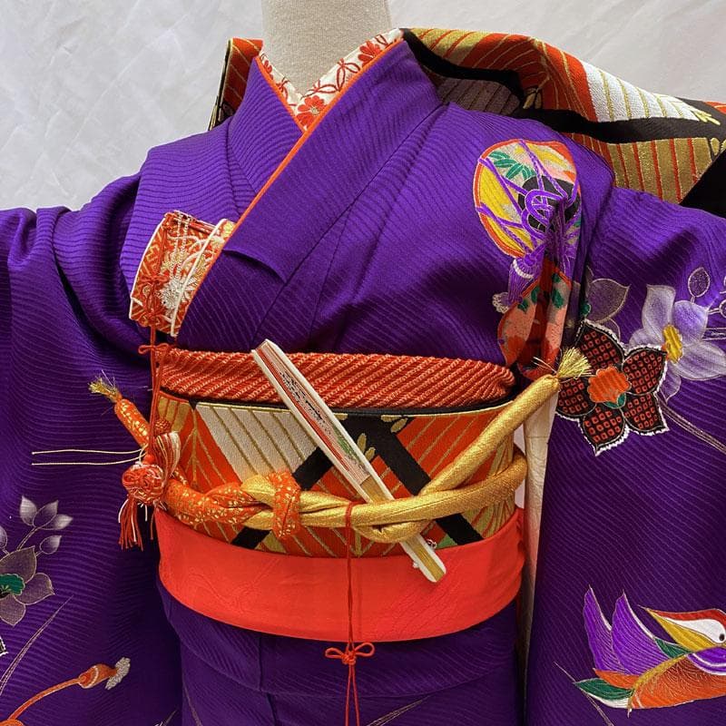 411ag80◎七五三 七歳 女児 着物&袋帯&長襦袢 古典柄 鼓鴛鴦花 紫