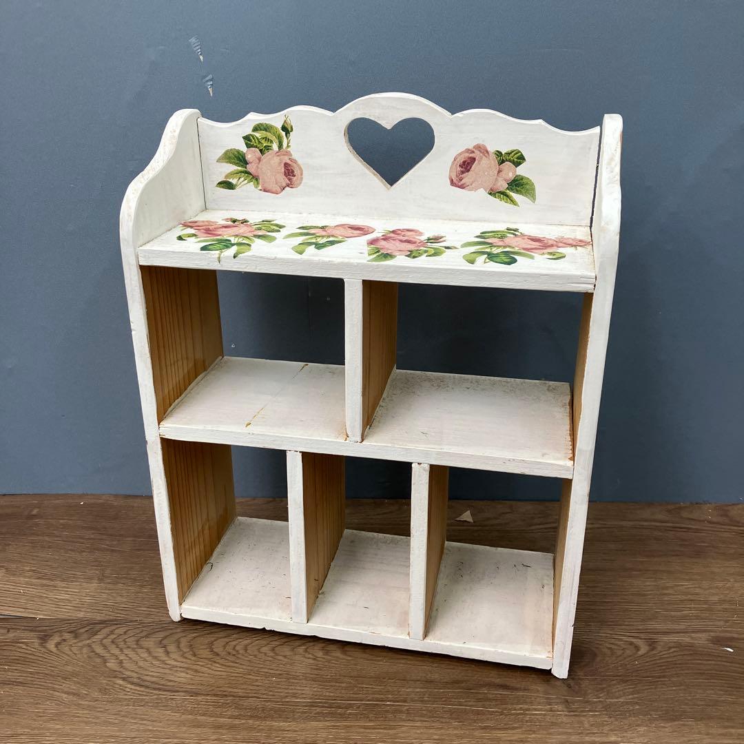 A-2 カントリー 木製ミニシェルフ 薔薇 デコパージュ ハート 飾り棚