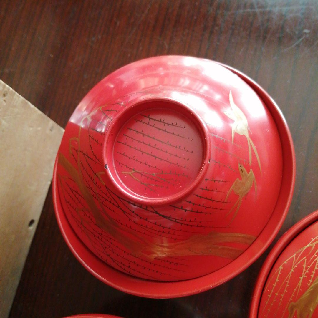 木製漆器　朱塗金彩柳飛鳥文蓋付椀　9客　10.5cm　江戸後期～明治期