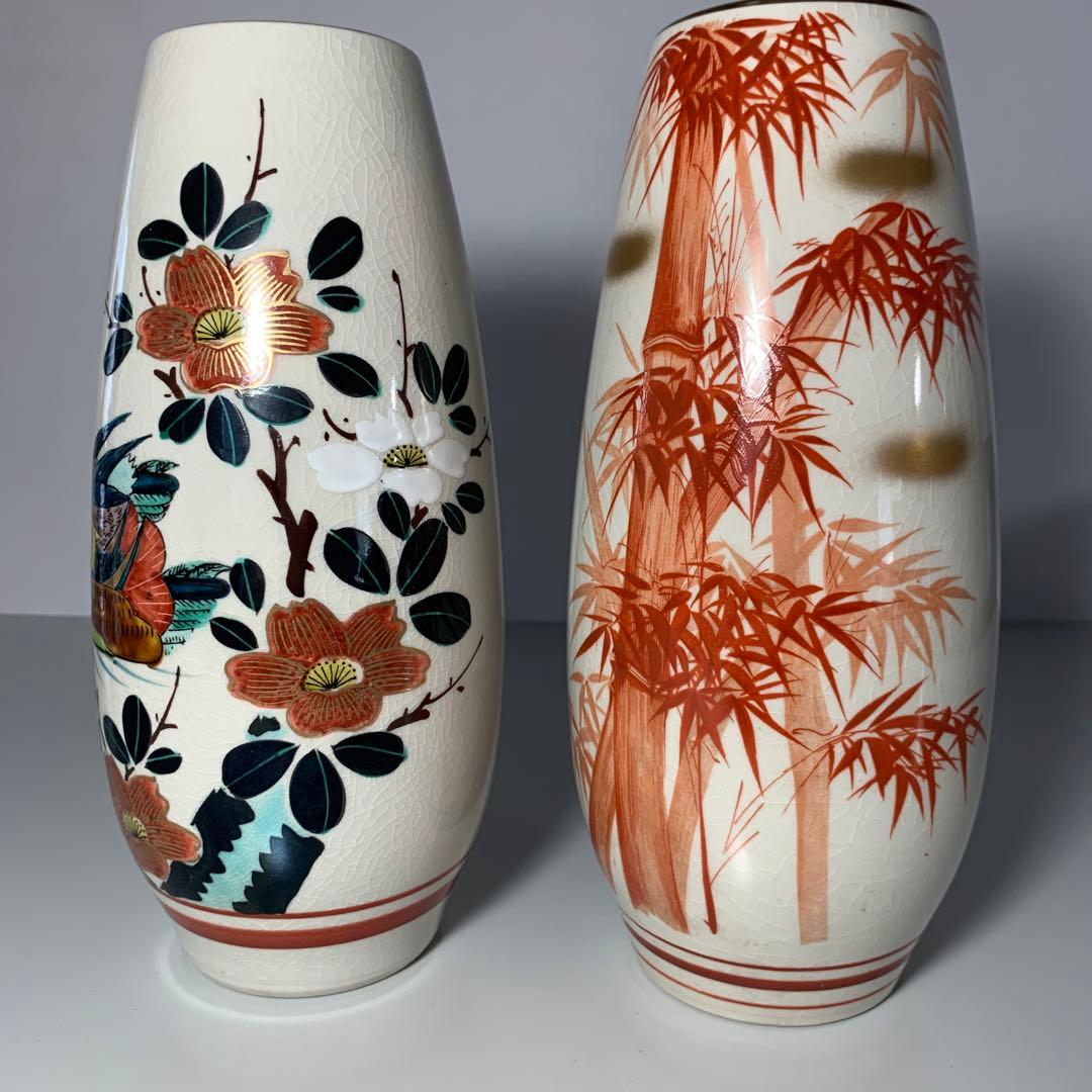 手描き陶器花瓶 花と鳥のデザイン 竹のデザイン フラワーベース 九谷焼