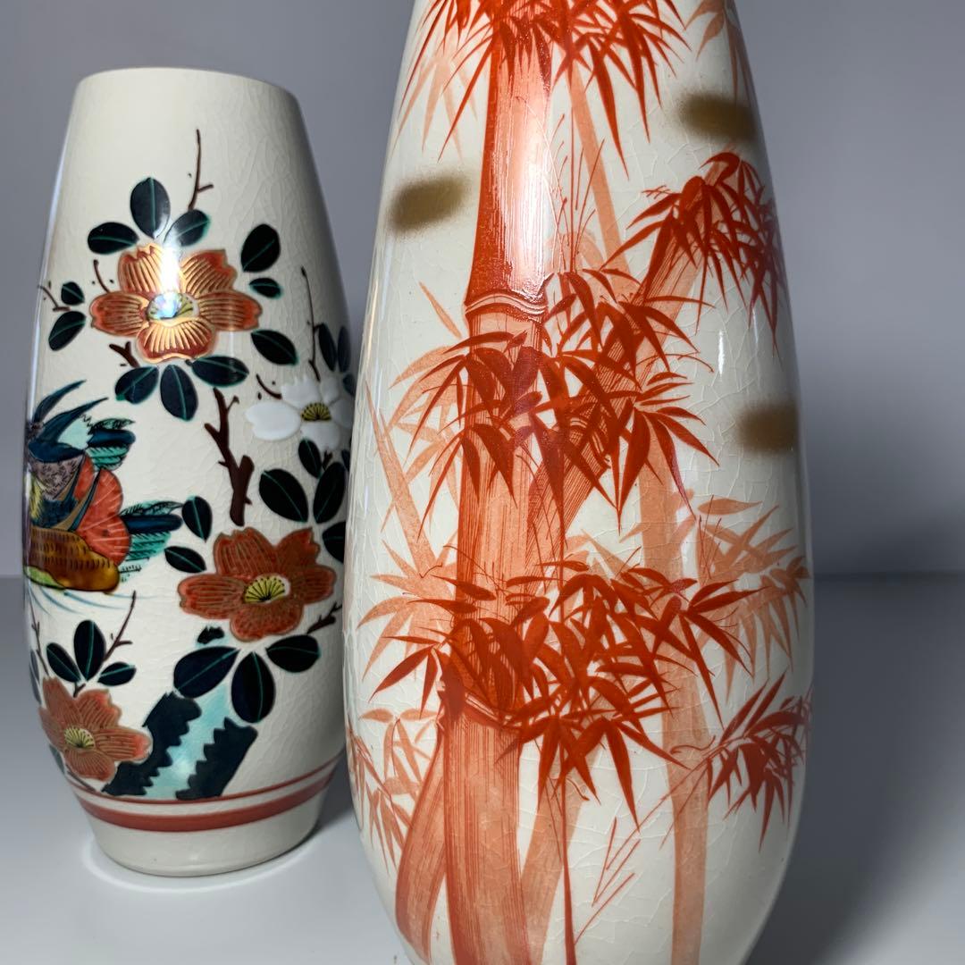 手描き陶器花瓶 花と鳥のデザイン 竹のデザイン フラワーベース 九谷焼