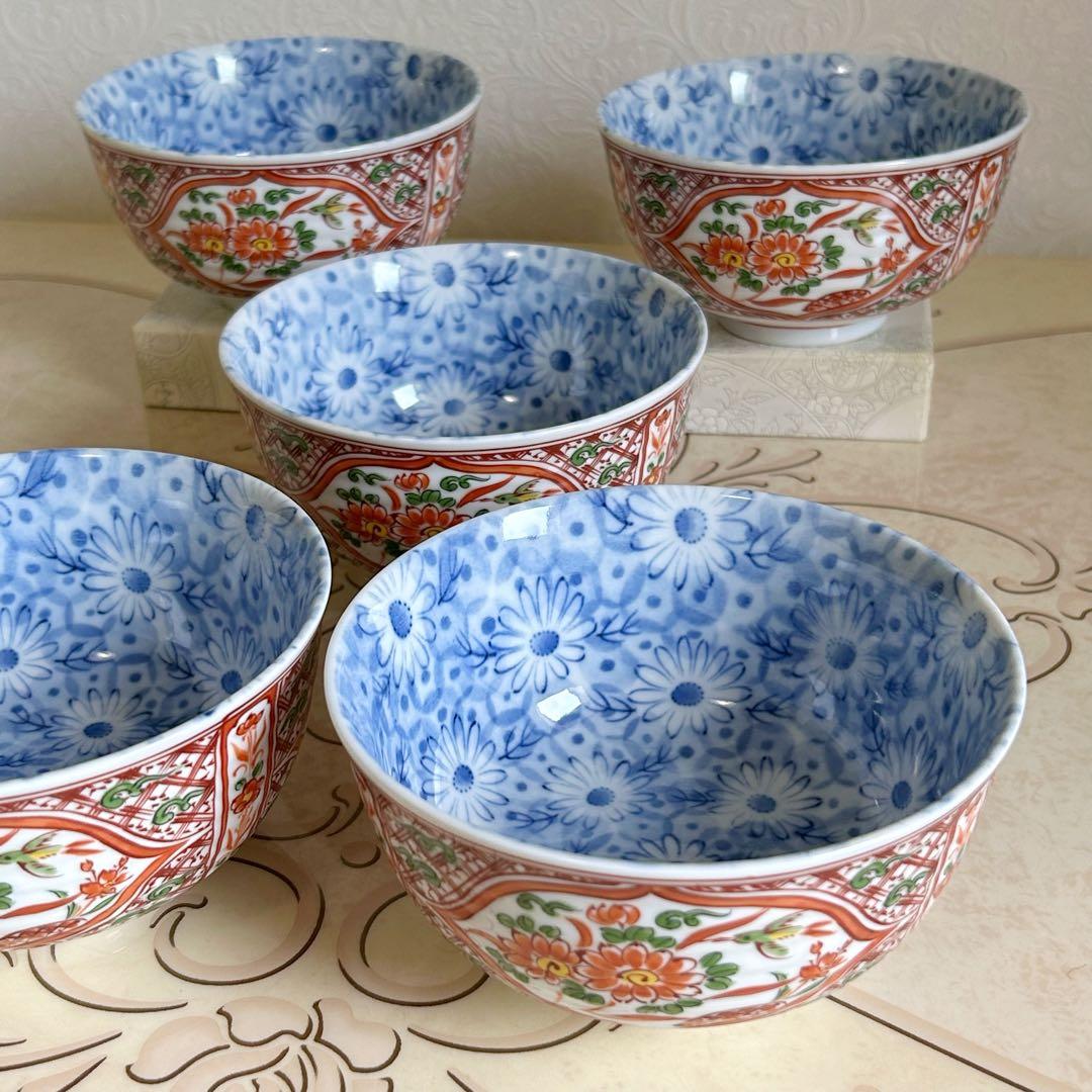 有田焼 喜峰窯 赤絵花鳥 丼ぶり揃 5客セット どんぶり 染付 中鉢 古