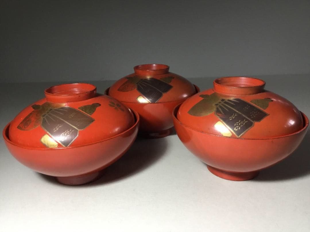 漆器◇雛人形文 / 吸い物椀3客◇傷みあり 雛コレクション 立ち雛 和