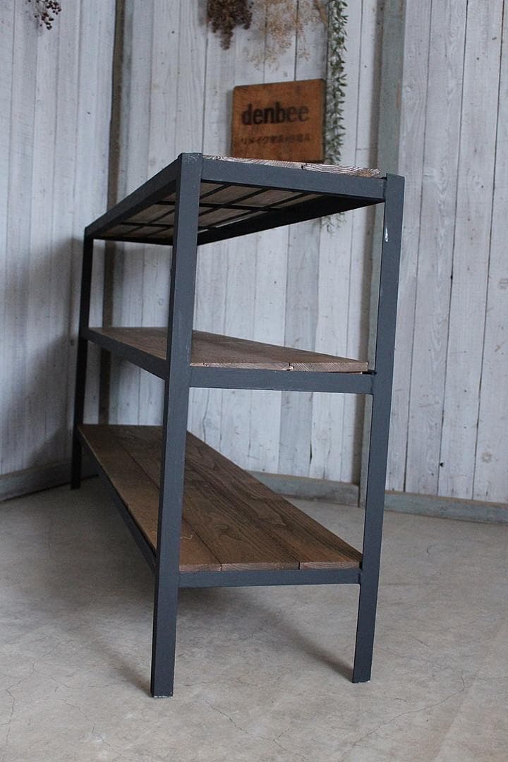 古いアイアンフレームと古材の収納棚 食器棚 オープンラック 靴棚 古