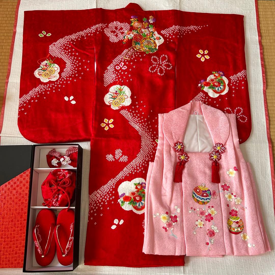 七五三 3歳 フルセット 着物 753 正絹 被布 絞り 刺繍 三歳 赤 草履