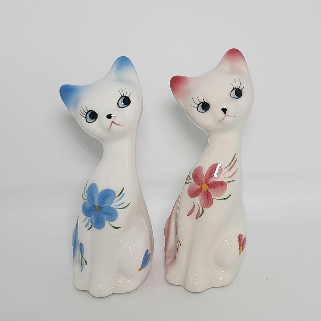 昭和レトロ シャム 猫 花柄 陶器 置物 ねこ ペア 青 ピンク 貫入