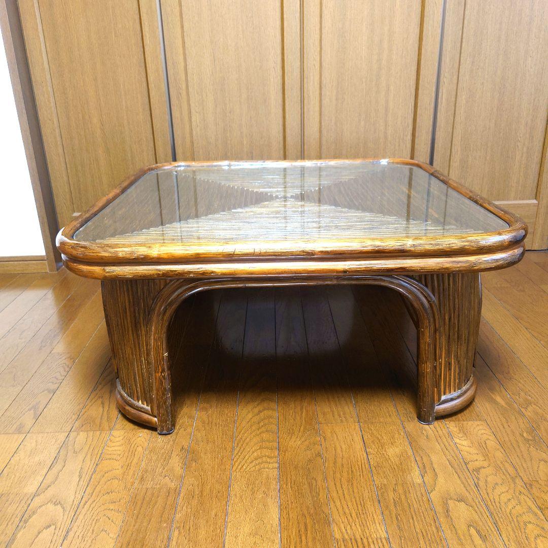 ラタン 籐 座卓 80X80 センターテーブル ガラス天板 こたつ