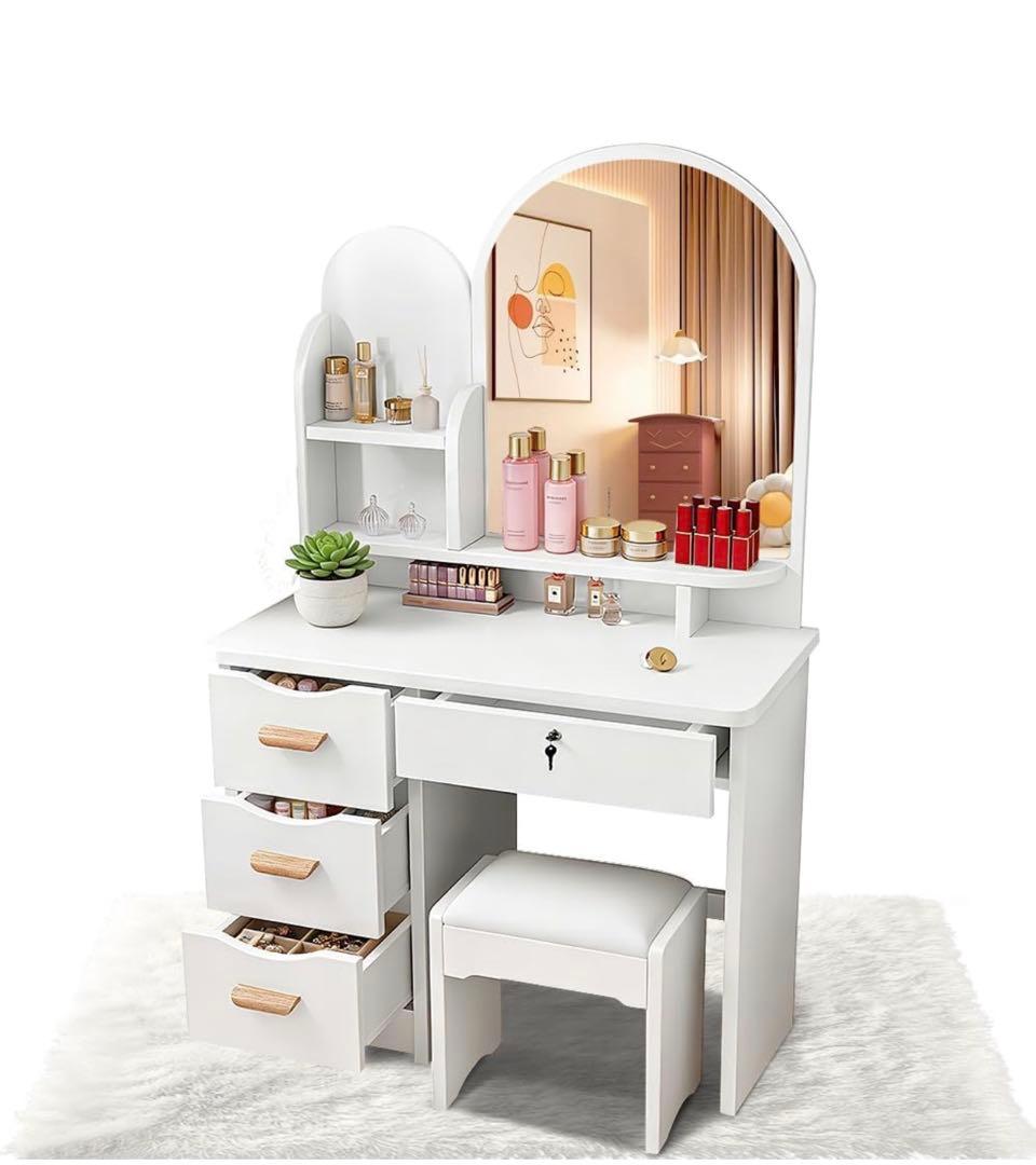 ♪新品ドレッサー 大型女優ミラー 鍵付き 幅80cm 化粧台 鏡台 スツール付き ドレッサー 女優ミラー オシャレ 割引キャンペーン 白 北欧風 鏡台