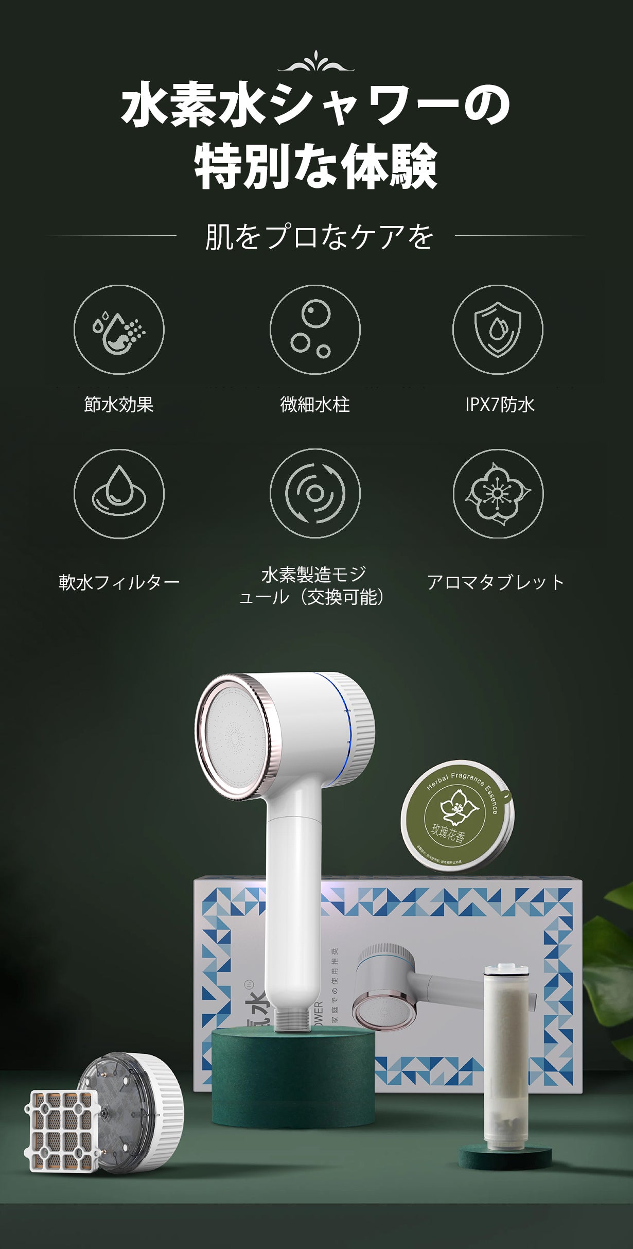 極上体験、【電解式水素水・アロマ・フィルタ】を一つのシャワーヘッド