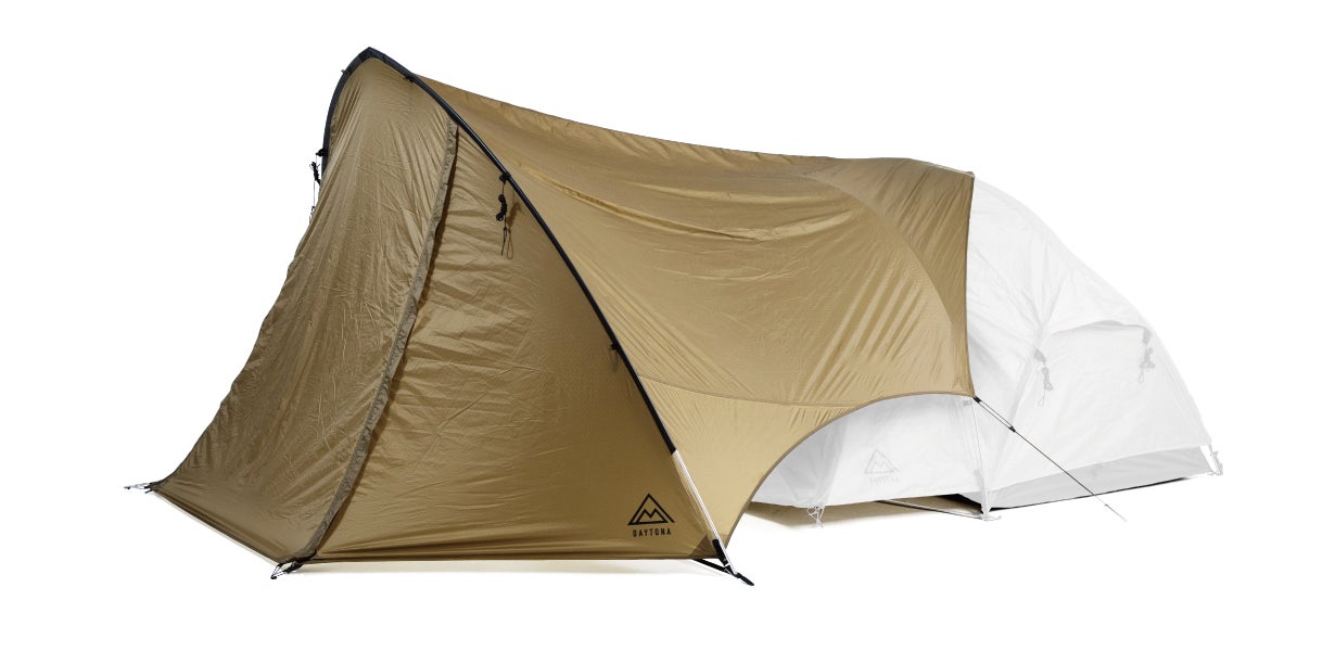 お持ちのキャンプテントに付けるだけ！シェルターで前室拡張、雨・風も