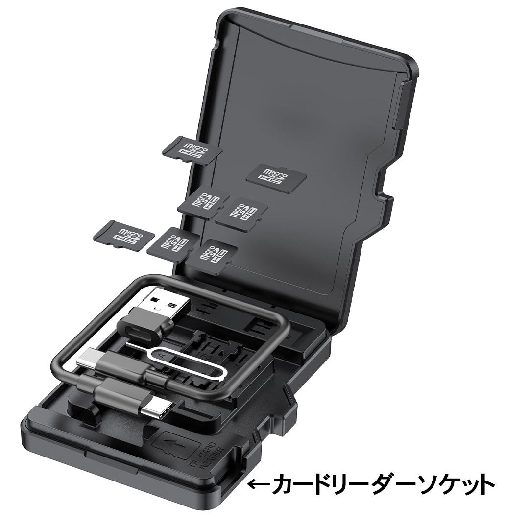 ケーブル、変換アダプタ、データカード、全て収納できるオールインワン