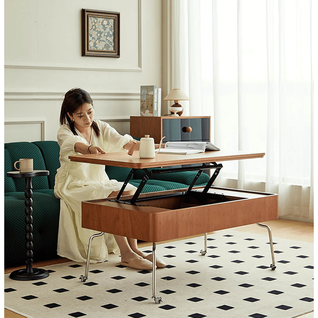 昇降機能センターテーブル ローテーブル リビングテーブル ブラウン