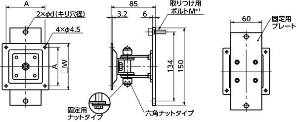 DFSN-100-AF-M6｜ディスプレイ固定部品 - 1軸タイプ- 六角ナット保持 A