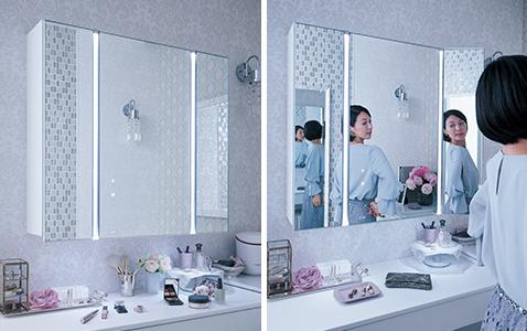 美ルック ツインラインLED 木製3面鏡・5面鏡 タッチレス調光調色タイプ