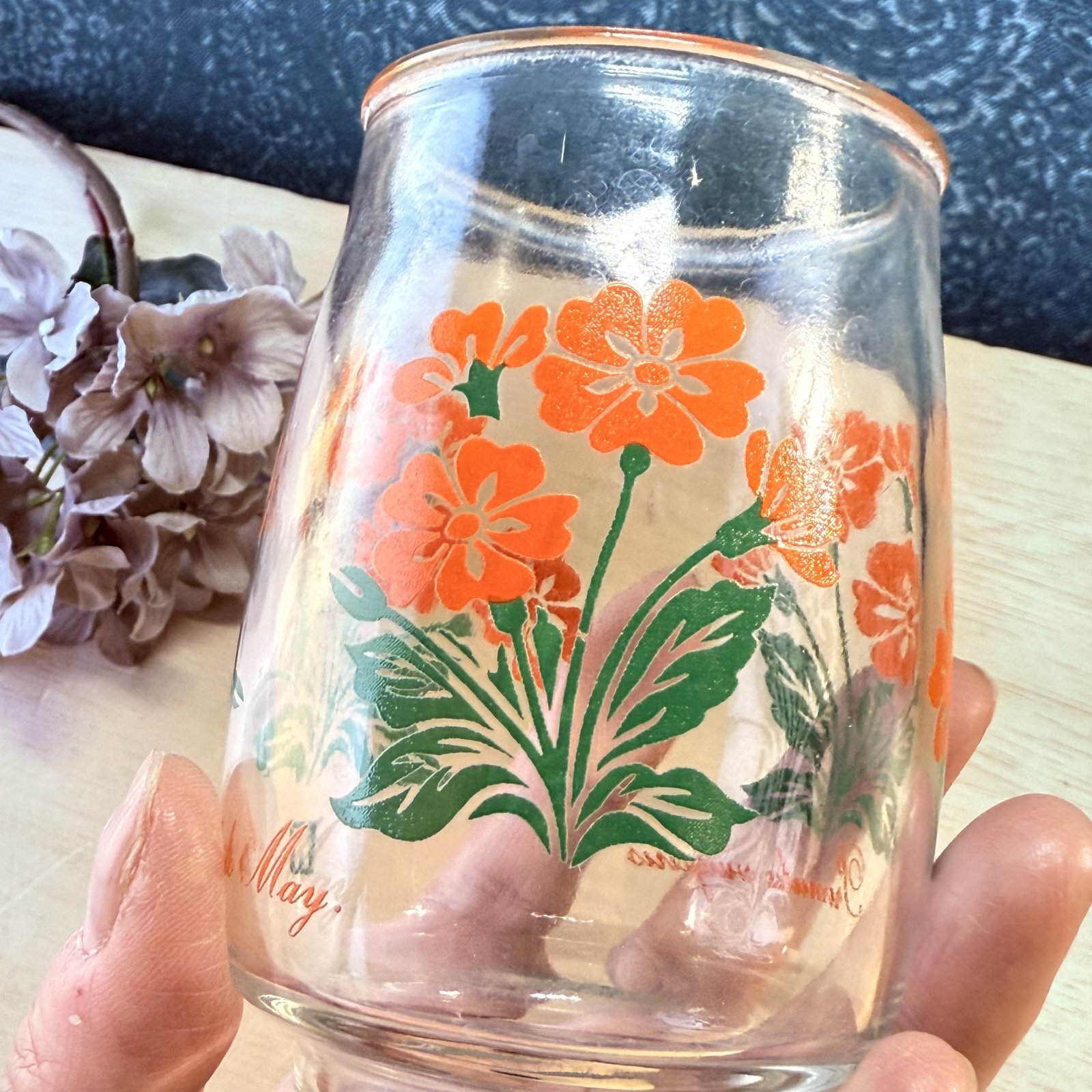 昔のワンカップグラス オレンジフラワー 花柄タンブラー vintage