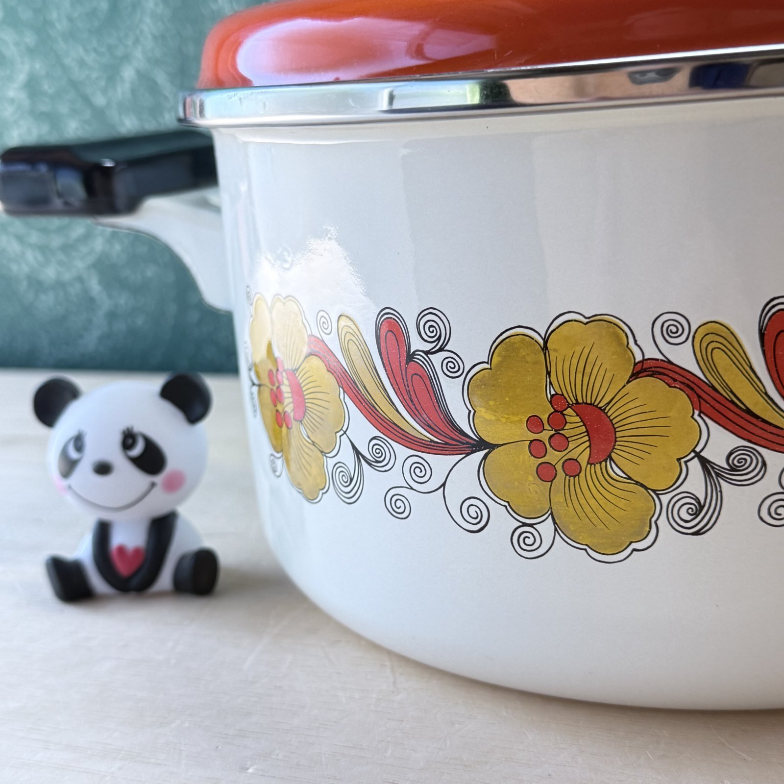 オレンジ蓋 レトロポップ 花柄ホーロー両手鍋 20cm