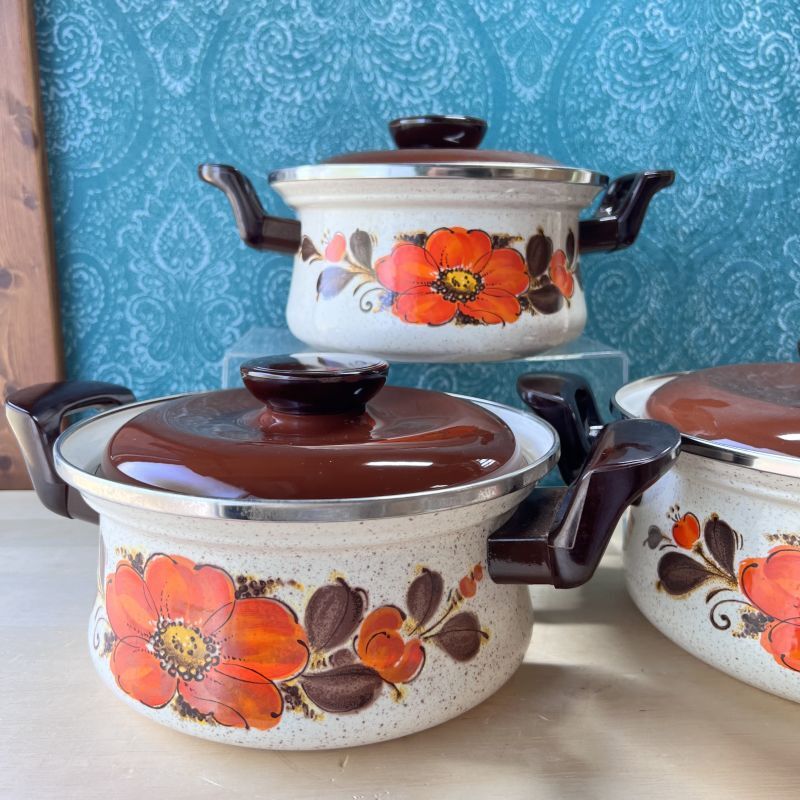 サンコーウェア ホーロー両手鍋 モダンオレンジ花柄 各サイズ ブラウン蓋