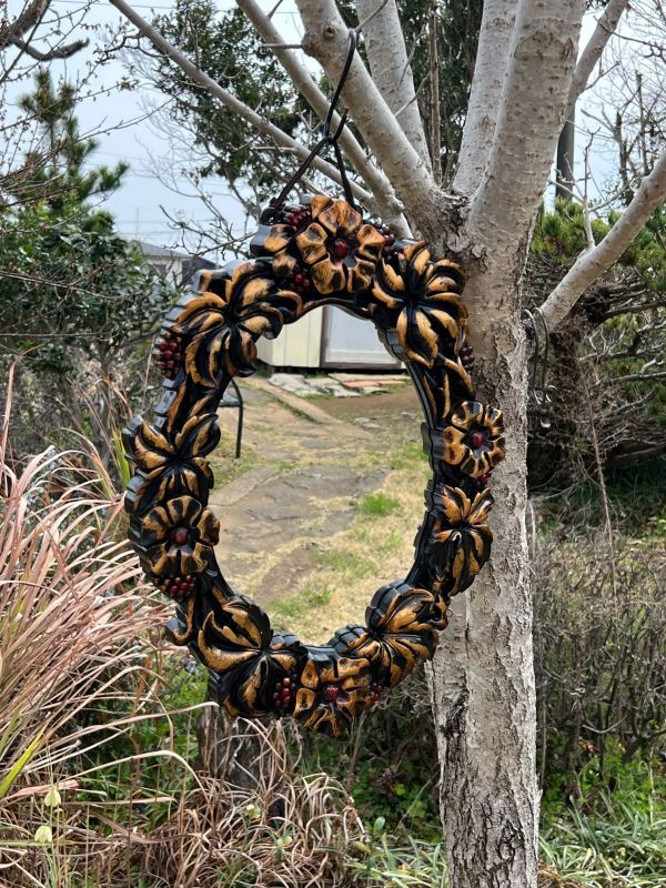 大きな昭和の壁掛け鏡 壁掛けミラー 花装飾 vintage KZ9