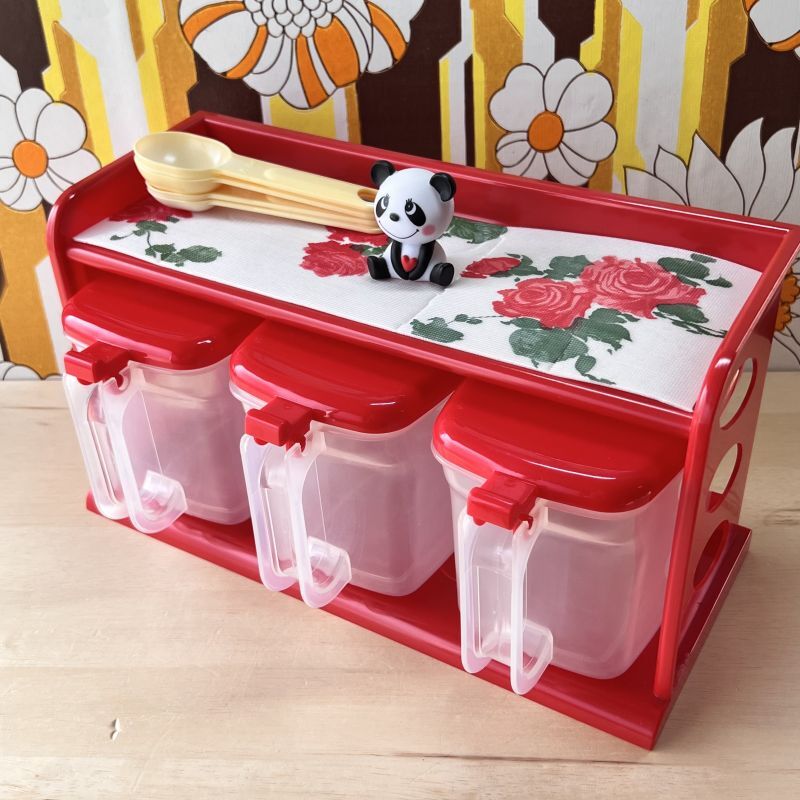 サンコープラスチック mycook L 三連調味料ケース レッド 花柄シート